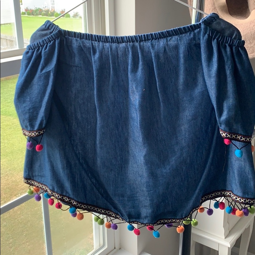 Chambray off the shoulder with Pom poms